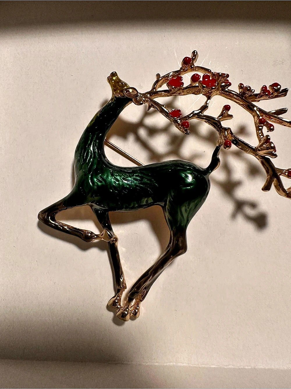 Deer & Berry Brooch in Green & Gold
